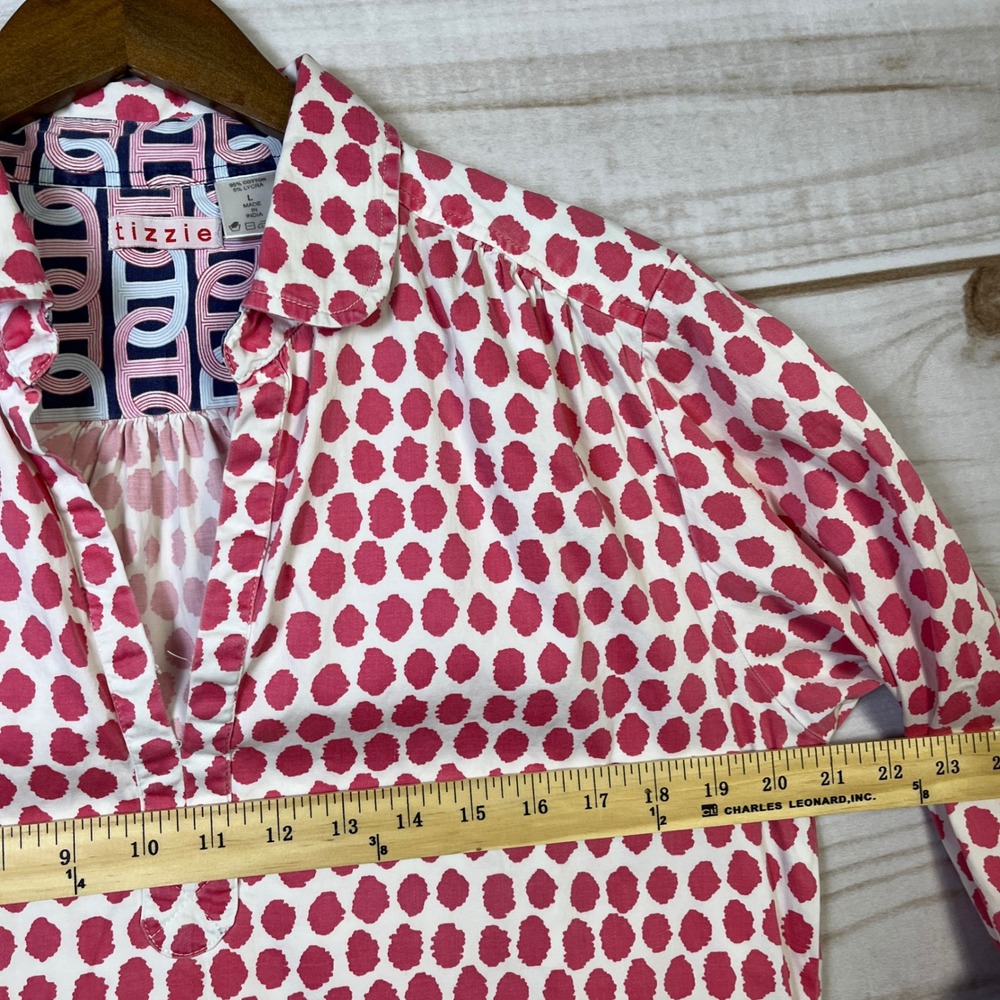 Tizzie Pink Dot Tunic Shirt Dress 3/4 Sleeve V Neck Women's coverup resort L - Picture 14 of 15